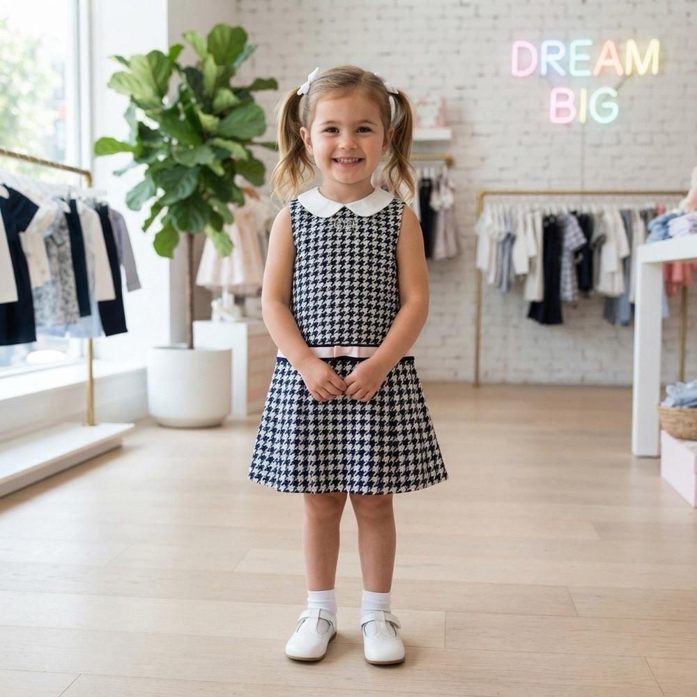 Janie and Jack Houndstooth Dress Kids Size 4 Navy White Excellent Peter Pan Bow
